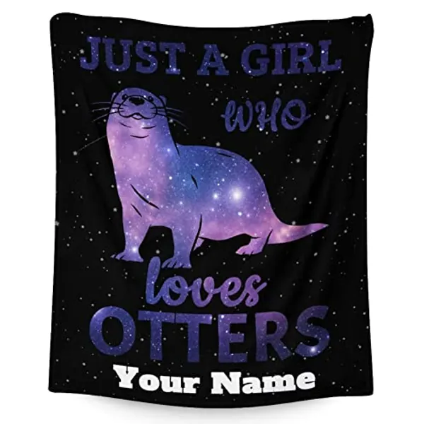 Personalized Otter Blanket Gifts with Name - 50"x60" Cute Throw Blanket for Adults, Kids - Black Soft Plush Blankets for Bed, Couch & Travel