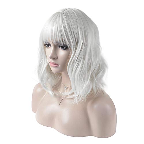 DAOTS 14 Inches Curly Wigs with Bangs for Women Girls Heat Resistant Synthetic Hair Wig (Silver White) - 14 Inch (Pack of 1) - Silver White