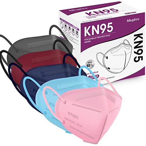 Multiple Colour KN95 Face Mask 50 Pcs, Miuphro 5 Layers Safety KN95 Masks, Disposable Masks Respirator for Outdoor(Pink,Blue,Red,Purlpe,Grey) - 1 Count (Pack of 50)