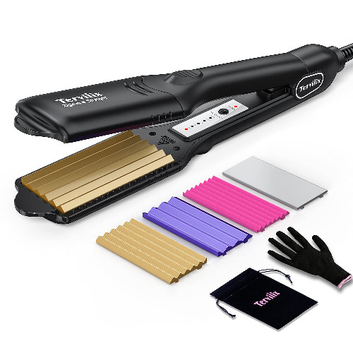 Terviiix Hair Crimper for Women with 4 Interchangeable Plates, Keratin & Argan Oil Infused Crimping Iron for Hair, Volumizing Crimper Hair Iron with 5 Heat Settings & 60 Min Auto Off - 4 Plates Version