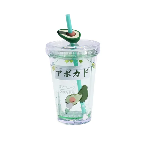15oz Cute Water Bottle With Straw, Glitter Double Wall Water Bottle With Straw Kawaii Cup Strawberry Water Bottle Kawaii Cups Kawaii Stuff Avocado for Gifts (Green)