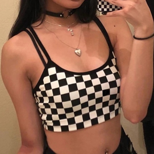 Dark Grunge Goth Black/White Plaid Tank Top - Black and white grid / XL