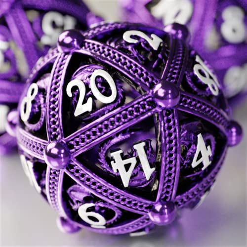 Metal DND Dice Set - Unique Round Hollow Orb Design for Better Rolling - Beautiful Dragon Metal Dice Set for Role Playing Games (RPG) - Stunning D&D Dungeons and Dragons Dice Set (Purple) - Purple Dragon