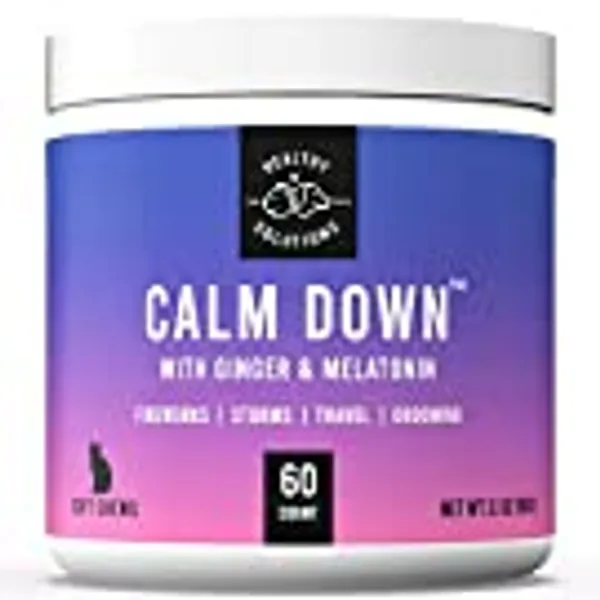 Calming Chews for Cats - Cat Calming Treats for Anxiety, Stress Relief Aid, Storms, Grooming, Fireworks, Separation, Travel, & Motion Sickness - Made in USA (60 Soft Chews- Cat)