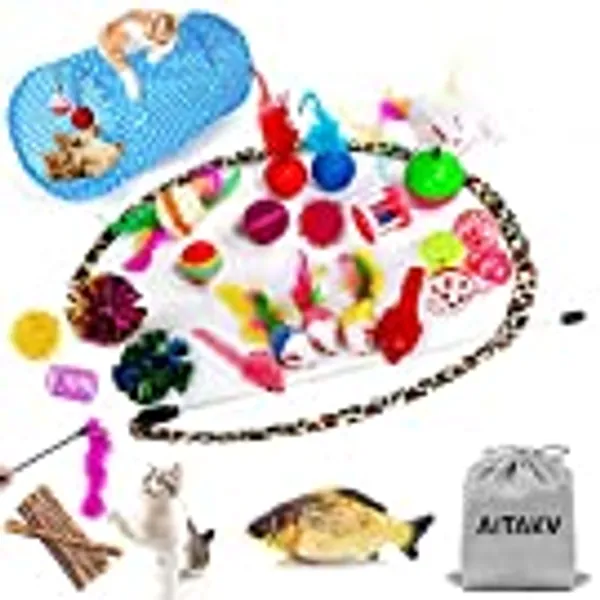 AILUKI 31 PCS Cat Toys Kitten Toys Assortments,Variety Catnip Toy Set Including 2 Way Tunnel,Cat Feather Teaser,Catnip Fish,Mice,Colorful Balls and Bells for Cat,Puppy,Kitty