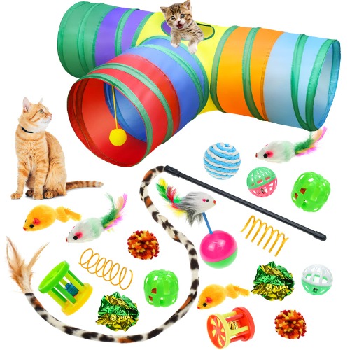 Malier Cat Toys Kitten Toys Set, Collapsible Cat Tunnels for Indoor Cats, Interactive Kitty Toys Cat Feather Toy Fluffy Mouse Crinkle Balls Cat 3 Way Tube Tunnel Toys for Cat Puppy Kitty Kitten - A-Rainbow