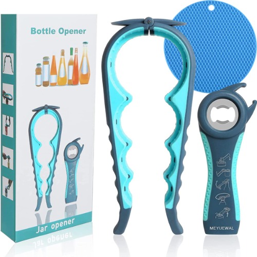 Jar Bottle Opener Non Slip Jar Gripper - Pad Rubber Jar Can Lid Opener,Bottle Opener Kit Can Opener with Non Slip Gripper Pad,5 in 1 Multi Function Non-Slip Opener for Weak,Senior, Arthritis Hands - Blue