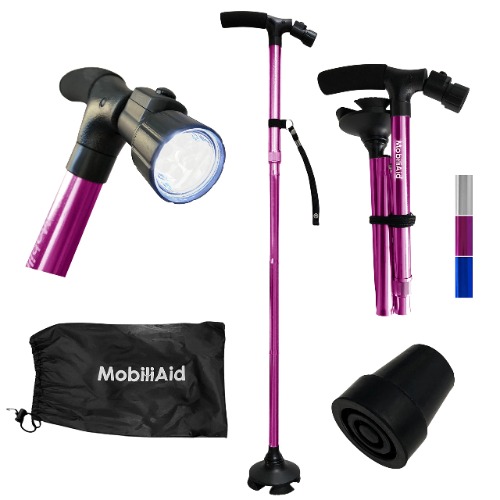 MobiliAid Smart Walking Stick with LED Light, Freestanding Collapsible & Foldable Walking Cane, Height Adjustable & Lightweight Elderly Aid or Mobility Aid, with Free Extra Cane Tip and Carry-On Bag - Purple