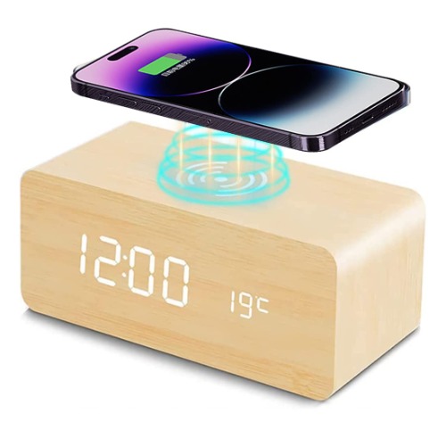 Wooden Digital Alarm Clock with Wireless Charging, 3 Alarms LED Display, Sound Control and Snooze Dual，Adjustable Brightness, Time Temperature (Yellow) - Yellow
