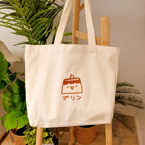 Purin Embroidered Large Canvas Tote Bag Shopper Bag with Pocket