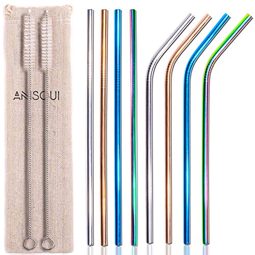 AniSqui Set of 8 Reusable Metal Straws and Cleaner, 8.5'' Coloured Stainless Steel Straws Reusable, (4 Straight + 4 Bent + 2 Brushes Reusable Straws Drinking)