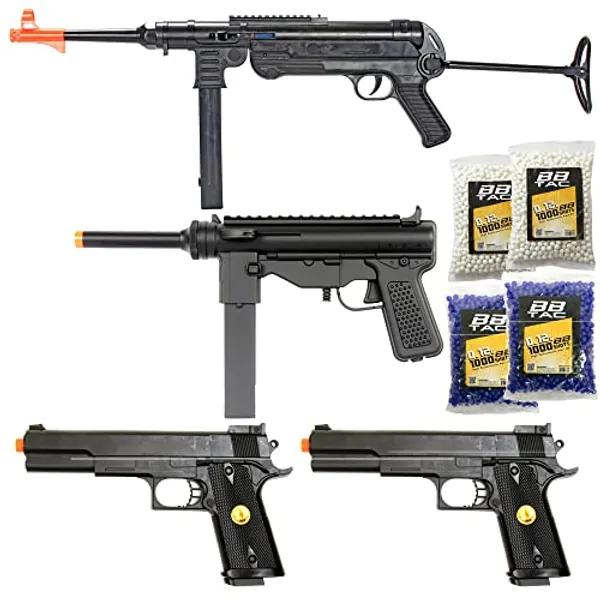 BBTac Airsoft Gun Package - World War II Collection of 4 Airsoft Guns, Spring Rifles and Pistols, 4000 BB Pellets, Great for Starter Pack Game Play