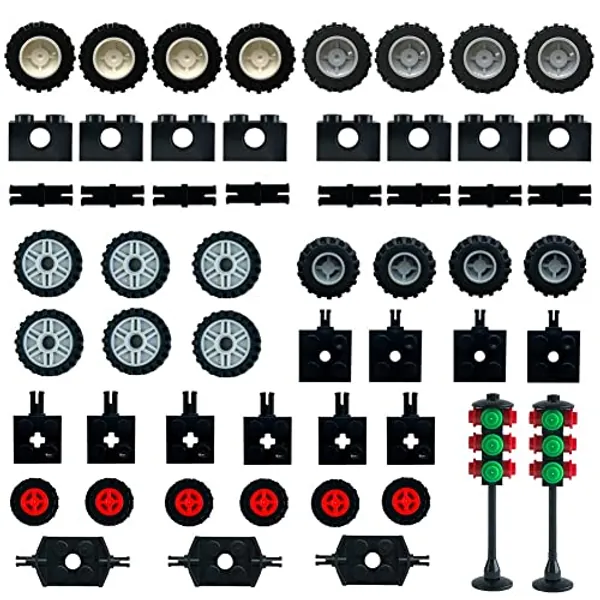 Wheels and Axles,Traffic Light ,Tires Bulk Lot - Building Bricks Block Education Wheels Set Toy Compatile with Major Brands, 52 pcs, over 6 years old