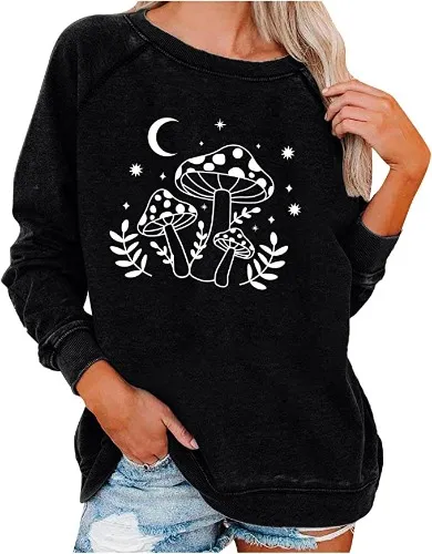 Women Winter Fall Tops Cute Crewneck Sweatshirt Long Sleeve Pullover Lightweight Mushroom Moon Graphic Tees Shirt