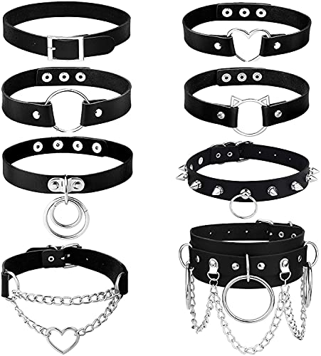 JeryWe 8 Pcs Punk Leather Choker Necklaces Set Gothic PU Necklace Adjustable Love Heart Spiked Vintage Black Soft Collar Chain Choker for Women - Style A
