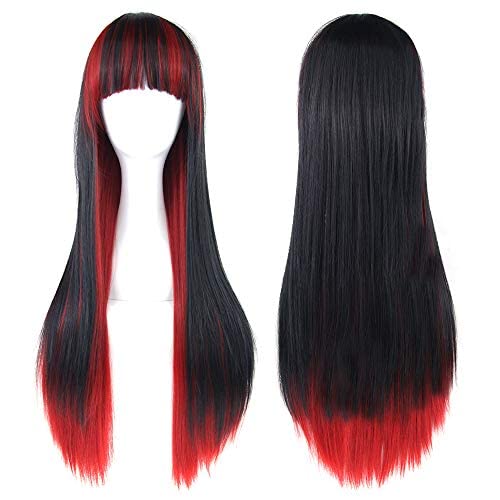 IMISSU 26'' Long Curly Natural Hair Cosplay Wig with Bangs Colorful Halloween Costume Party Wigs for Women (Black Red) - Black Red