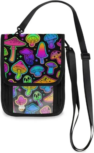 Cartoon Mushroom Luminous Travel Crossbody Wallet Purse Slim Impact Neck Wallet Pouch Phone Passport Holder RFID Blocking Multi Card Slots, Colorful, 7.5×6 inch, Casual