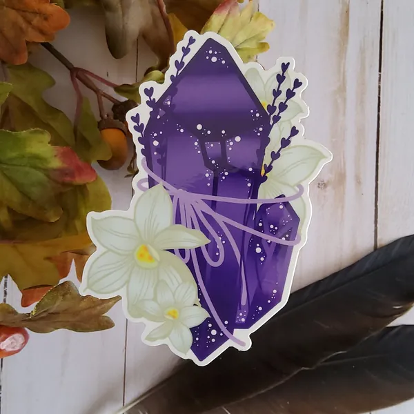 GLOSSY STICKER: Purple Tanzanite and Narcissus December Birthstone , Tanzanite Crystal Sticker , Narcissus Floral Sticker , Crystal Stickers