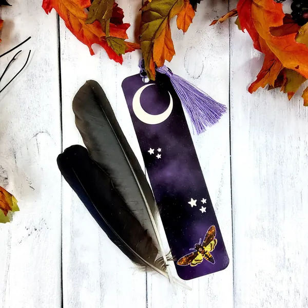 BOOKMARK: Deaths Head Hawk Moth with Moon and Purple Tassel , Hawk Moth Bookmark , Hawk Moth Purple Bookmark , Purple Bookmark