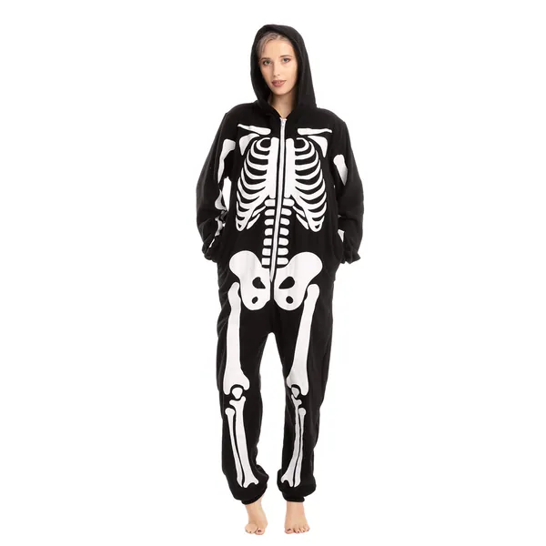 Spooktacular Creations Unisex Skeleton Onesie Pajama Plush Skeleton Jumpsuit Zippered Halloween Hoody Pajama for Adult Sleepwear Costume(Small) Black - Small