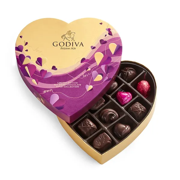 Godiva Chocolatier Chocolate Heart Valentine’s Gift Box – 14 Piece Assorted Dark Chocolate with Gourmet Fillings – Romantic Gift for Chocolate Lover - Heart Assorted Dark Chocolate