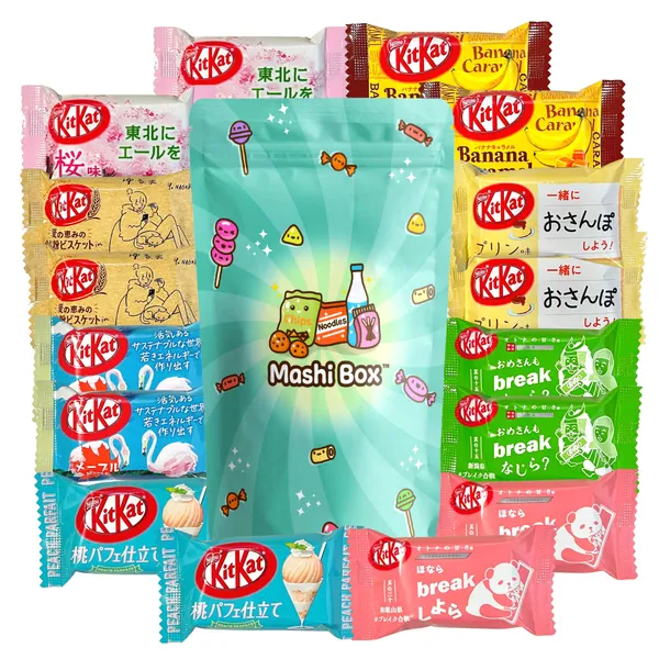 Mashi Box Japanese Mini KitKat Variety Pack (16 Pieces) - 8 DIFFERENT FLAVORS - Sakura KitKat, Matcha KitKat, Cookies and Cream KitKat, Strawberry KitKat, Maple KitKat, Peach Parfait KitKat, Hojicha KitKat, etc - 
