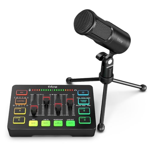 FIFINE Gaming Audio Mixer and XLR Dynamic Microphone Bundle, Streaming 4-Channel RGB Mixer Set with 48V Phantom Power,Volume Fader for Game Voice,Podcast,Studio Metal Mic for Voice-Over(SC3+K669D)