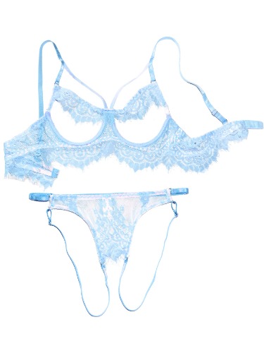 Lilosy Sexy Underwire Strappy Eyelash Floral Lace Sheer Lingerie Set for Women See Through Bra and Panty 2 Piece - X-Large Light blue