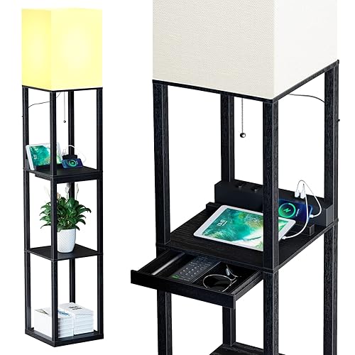 SUNMORY Stehlampe Wohnzimmer, Stehlampe mit Regal aus Massivholz, 3 Farbtemperaturen, 2 USB-Ladeanschlüsse und 1 Schublade, Stehlampen für Wohnzimmer, Schlafzimmer, Stehlampe Schwarz（Mit Glühbirne） - Schwarz