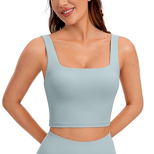 CRZ YOGA Butterluxe Womens Square Neck Longline Sports Bra - Workout Crop Tank Tops Padded with Built in Shelf Yoga Bra - X-Small - Cambric Blue