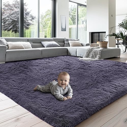 OPPODREAM Area Rugs 8x10 for Living Room, Ultra Soft Nursery Rugs for Bedrooms, 8 x 10 Fluffy Kids Carpet with 0.4" Thick Non-Slip Backing, Long Pile Shag Carpet, Fuzzy, Shaggy, Solid Greyish Purple - 8' x 10' (Rectangular) - Greyish Purple