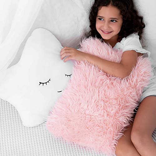 Set of 2 Decorative Pillows , Toddler Room. Star Fluffy White Embroidered and Furry Pink Faux Fur Soft and Plush Girls Pillows – Throw Pillows for Kid’s Bedroom Décor - Pink