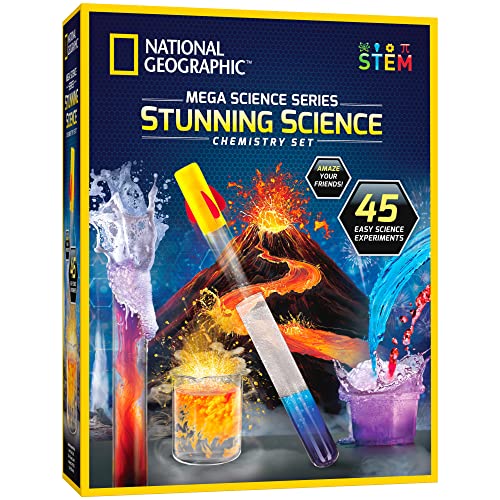 NATIONAL GEOGRAPHIC Stunning Chemistry Set - Mega Science Kit with 45 Easy Experiments- Make a Volcano and Launch a Rocket, STEM Projects for Kids Ages 8-12, Science Toys (Amazon Exclusive) - Stunning Science