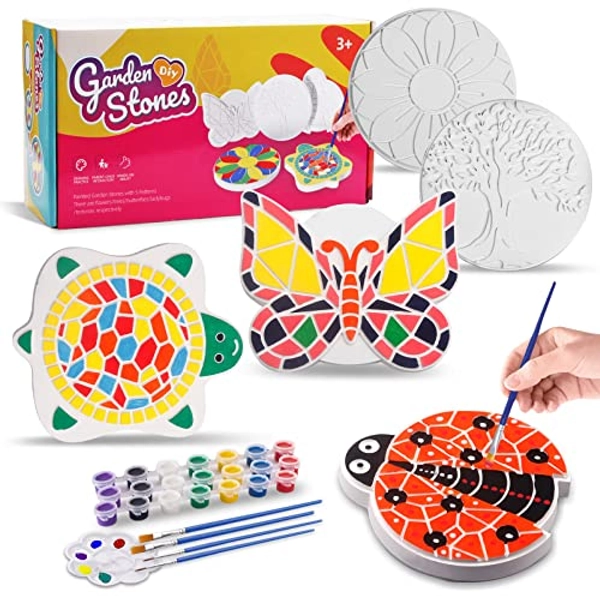 Paint Your Own Stepping Stones 5-Pack for Kids, Boys & Girls Ages 3-12, Butterfly, Turtle, Flower, Tree & Ladybug DIY Outdoor Garden Art & Craft Ceramic Painting Set