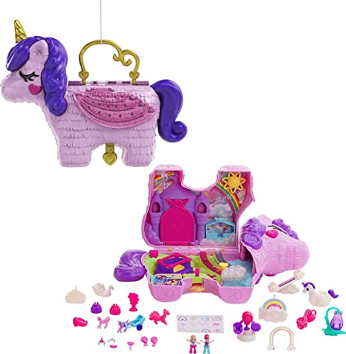 Polly Pocket 2-in-1 Travel Toy Playset, Unicorn Toy with 2 Dolls & 25 Surprise Accessories, Unicorn Party Large Compact - 2 Dolls & 25 Surprise Accessories