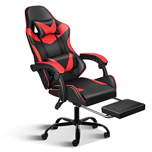 Gaming Chair, Backrest and Seat Height Adjustable Swivel Recliner Racing Office Computer Ergonomic Video Game Chair with Footrest and Lumbar Support, Red/Black - Red With Footrest
