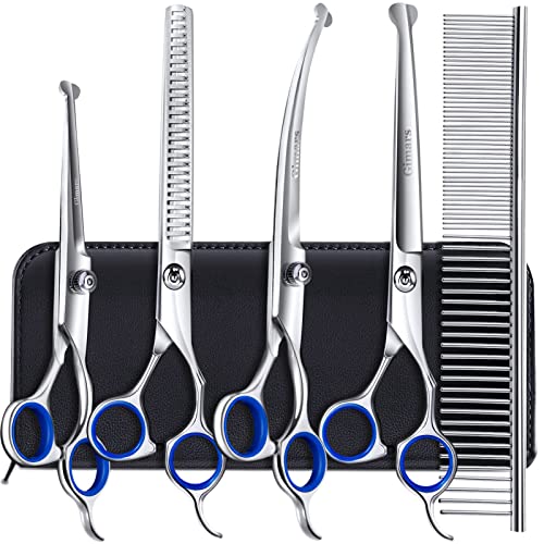 Gimars Professional 6 in 1 Dog Grooming Scissors 4CR Stainless Steel with Safety Round Tip, Heavy Duty Titanium Coated Pet Grooming Scissor for Dogs, Cats and Other Animals - Blue 6 in 1