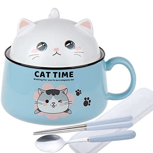Ramen Bowl with Lid, Cute Cat Instant Ramen Noodle Bowl, 34.5 OZ Cooker with Chopsticks and Spoon - Blue