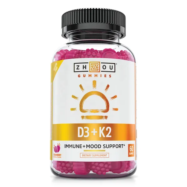 Zhou Nutrition Vitamin D3 K2 Gummies, Bone and Heart Health Formula 5000 IU Vitamin D3 & 90 mcg Vitamin K2, Max Strength 2 in 1 Immune Support and Calcium Absorption, Gluten Free, Strawberry, 60 Count - 