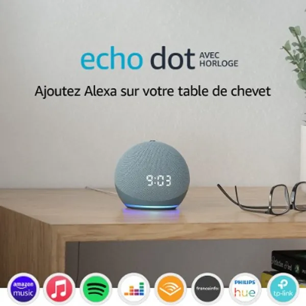Echo Dot (4e génération), Enceinte connectée avec horloge et Alexa, Bleu-gris