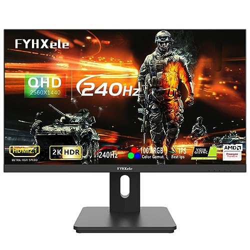 FYHXele 240Hz Gaming Monitor, 27 Inch QHD 2560x1440P IPS Computer Monitor, 1ms, VESA Mount, Dual Speaker, Free-sync, 2xHDMI2.1, 2xDP1.4, Audio Out, HDR 400,Height Adjustable Stand with Tilt & Pivot - 27in-2K-240HZ