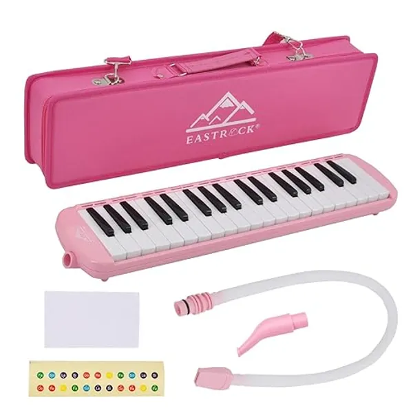 EastRock 37 Key Melodica Instrument Keyboard Soprano Piano Style with Mouthpiece Tube Sets and Carrying Bag for Kids Beginners Adults Gift Pink