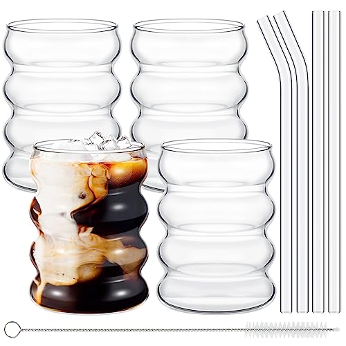 Tessco 4 Pcs Creative Glass Cups Vintage Drinking Glasses Ribbed Glassware Aesthetic Cups Entertainment Dinnerware Glassware with Straws Set for Kitchen Coffee Juice Beverage (Clear,13.5 oz) - 4 Piece Set - Clear