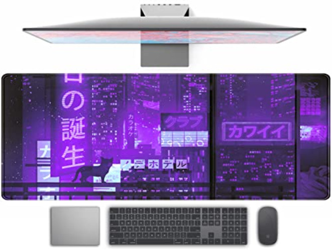 Cute Japanese Anime Gaming XL Mouse Pad Cool Purple Japan City Mousepad Computer Desk Mat Laptop Keyboard Pads for Desk Mouse Mat, Large Desktop Protector for Women Office Desk Mats 31.5x11.8 in - Purple Japan City
