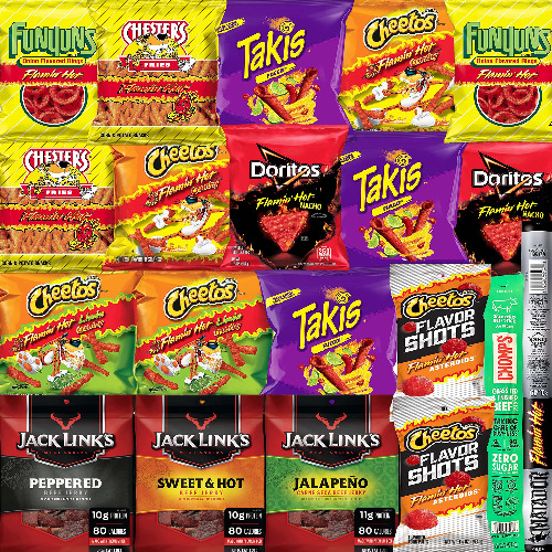 Hot Chips and Spicy Chips Variety Snack Box with Chips, Jerky, & Chomps Sticks - 20 Count – Care Package or Gift Basket for Him - Includes Burlap Gift Sack