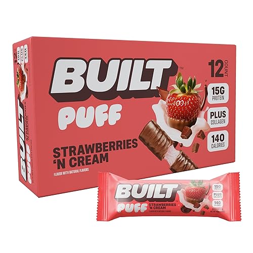 BUILT Protein Bars, Milk Chocolate Strawberry Puff, 12 bars, Protein Snacks, 17g of Protein, Collagen, Chocolate Protein Bar with only 150 calories & 6g sugar, Not Gluten Free, Great Protein Snack - Milk Chocolate Strawberry - 12 Count (Pack of 1)
