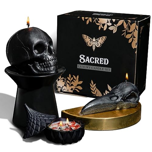Sacred Luxury Skull Candle Set - Witchy Gifts for Women | Gothic Candles | Black Obsidian Crystals & Rose Petals | Bleeding Skull Candle | Spooky Gifts for her | Witchy Candles