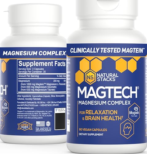 Natural Stacks MagTech Magnesium Supplement - Chelated Magnesium Complex - 3 Forms of Magnesium: Magtein Magnesium L-Threonate, Glycinate & Taurate - Supports Relaxation & Brain Health, 90 Capsules - Capsule - 5.63 Pound (Pack of 1)