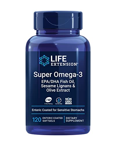 Super Omega-3 EPA/DHA Sesame Lignans & Olive Extract - Fish Oil for Heart Health, Brain Health & Beyond – Enteric Coated – IFOS 5-Star Rated – Gluten-Free, Non-GMO – 120 Enteric-Coated Softgels - 120 Count (Pack of 1) - 120 Enteric Coated Softgels - Standard Packaging