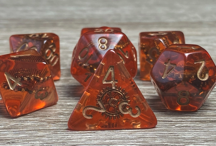 Steampunk Gears | Copper Gears, Translucent Resin Dice Set (7) | Dungeons and Dragons (DnD)